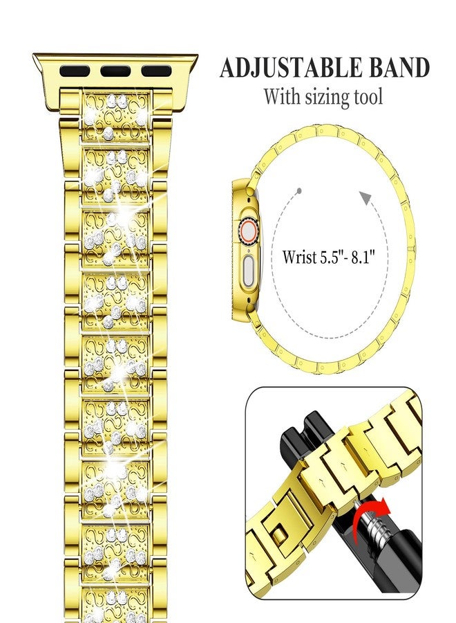Mosonio Compatible with Apple Watch Band Ultra 49mm with Case Women, Jewelry Replacement Metal Wristband Strap with 2 Pack Bling PC Protective Cover for iWatch Ultra 49mm (Gold) - Image 5